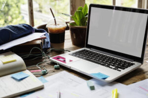 Blank screen laptop on a desk