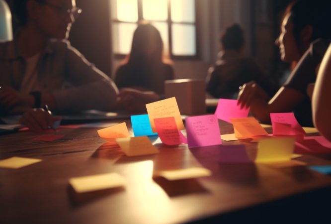 Young adults brainstorming ideas at office desk generated by artificial intelligence